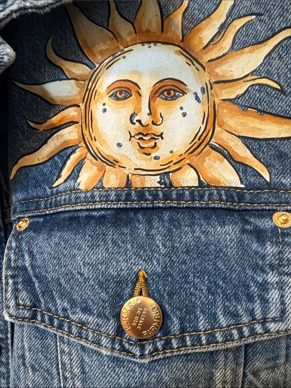 FARM Rio Mystical Sun Denim Jean Jacket with Gold Moon & Star - Picture 5 of 8